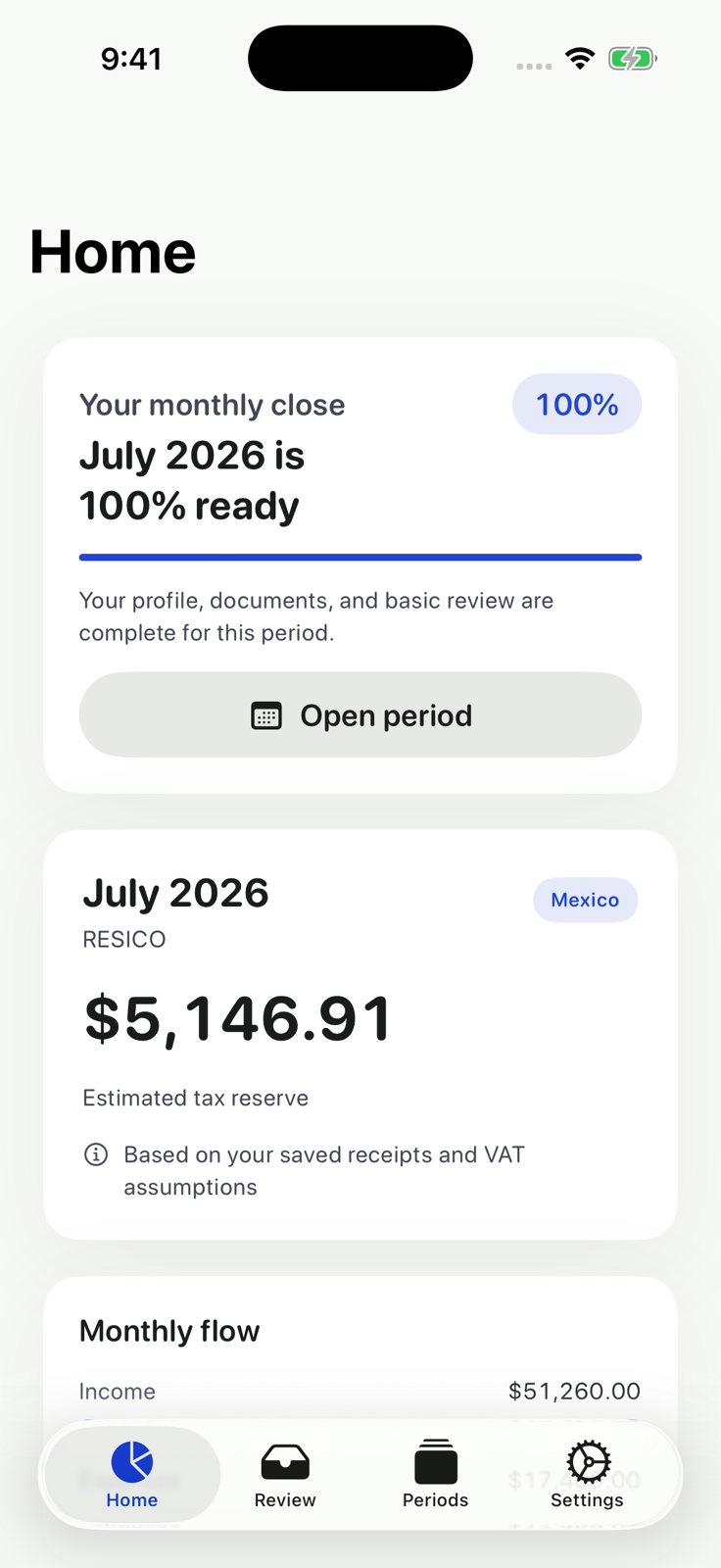 Comproba's real iPhone dashboard showing a completed monthly close and tax reserve