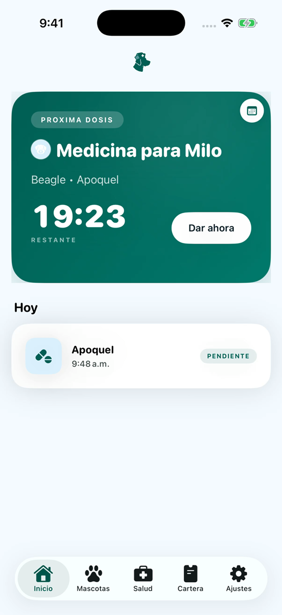 PetMed's real iPhone home screen showing the next medication dose for a pet