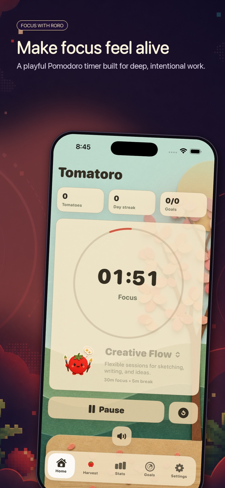 Tomatoro's real focus timer running in the Creative Flow environment on iPhone